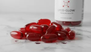 대리석 바닥 위에 놓인 붉은색 연질 캡슐들과 영양제 용기 이미지로, 라이코펜 특유의 붉은 색상과 흡수가 용이한 캡슐 제형을 시각적으로 보여줍니다.