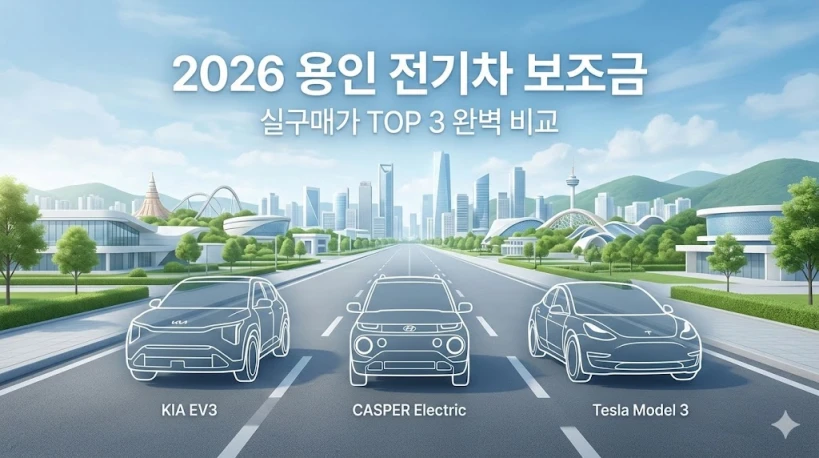 2026년 용인시 전기차 보조금 및 실구매가 TOP 3 비교 분석 메인 이미지. 기아 EV3, 현대 캐스퍼 일렉트릭, 테슬라 모델 3 외관 일러스트가 포함됨.