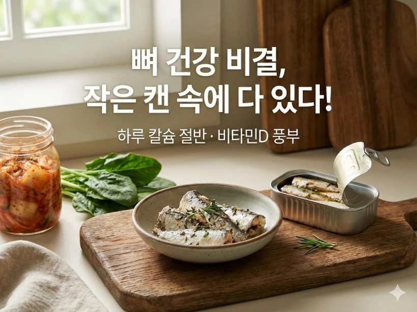 따뜻한 주방 창가 배경에 정어리캔과 김치가 놓인 사진. '뼈 건강 비결, 작은 캔 속에 다 있다! 하루 칼슘 절반·비타민D 풍부'라는 문구가 적힌 블로그 대표 이미지.