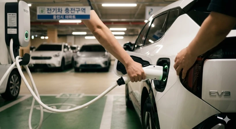 용인시 아파트 단지 내 전기차 충전 구역에서 완속 충전기를 이용해 기아 EV3 차량을 충전하고 있는 실제 모습.