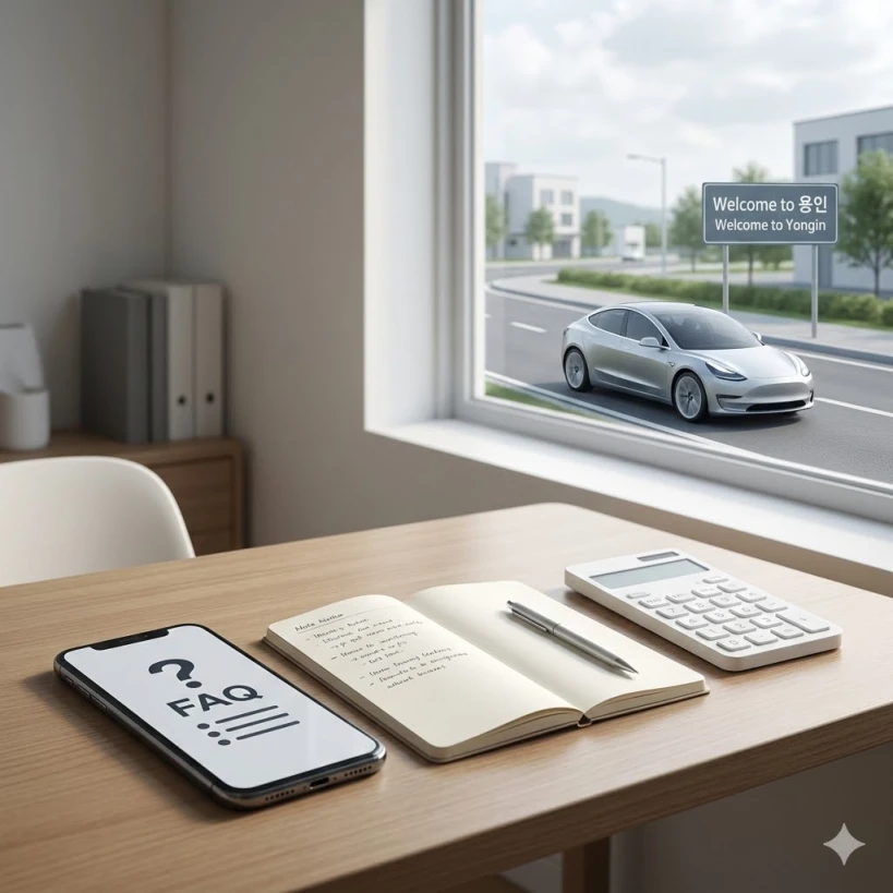 책상 위에 놓인 계산기와 메모장, 그리고 창밖으로 보이는 도로 위 전기차의 모습. 개인별 주행 패턴과 충전 여건을 고려한 현명한 차량 선택의 필요성을 강조하는 이미지.