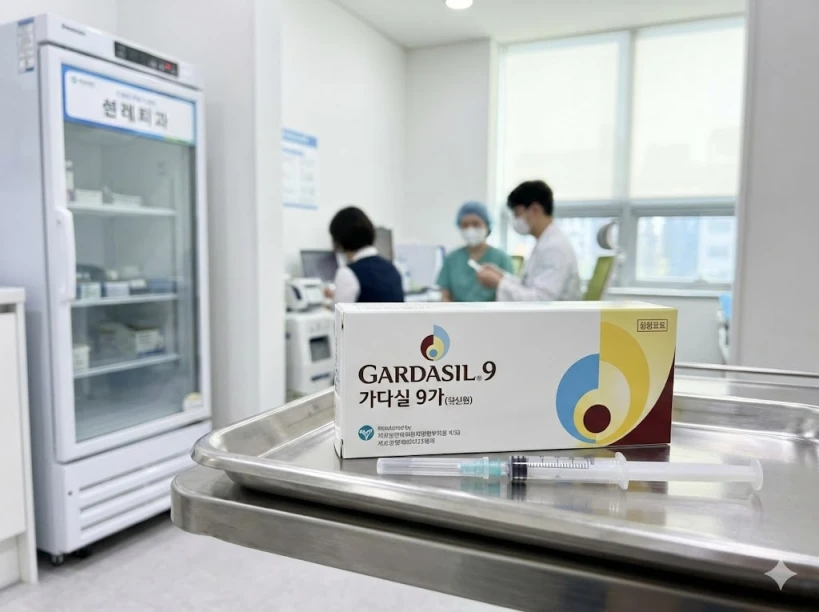 의료기관 내 트레이 위에 놓인 가다실 9가 백신 상자와 주사기 실물 이미지. 배경으로는 백신 전용 냉장고와 상담 중인 의료진의 모습이 보이며 정품 백신 접종의 신뢰감을 주는 사진.