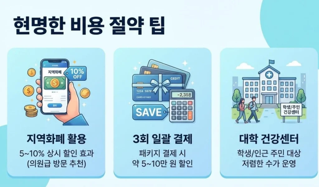 가다실 9가 비용 절약 팁 3가지. 5~10% 상시 할인 효과가 있는 지역화폐 활용, 패키지 결제 시 할인되는 3회 일괄 결제, 학생 및 인근 주민 대상 저렴한 수가를 운영하는 대학 건강센터 이용 안내.