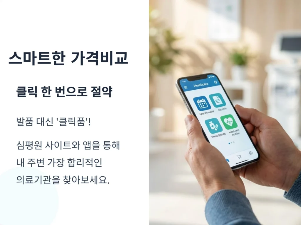 스마트폰 앱을 활용한 가다실 9가 가격 비교 안내. 발품 대신 '클릭품'으로 심평원 사이트와 앱을 통해 내 주변의 합리적인 의료기관을 찾는 방법 강조.