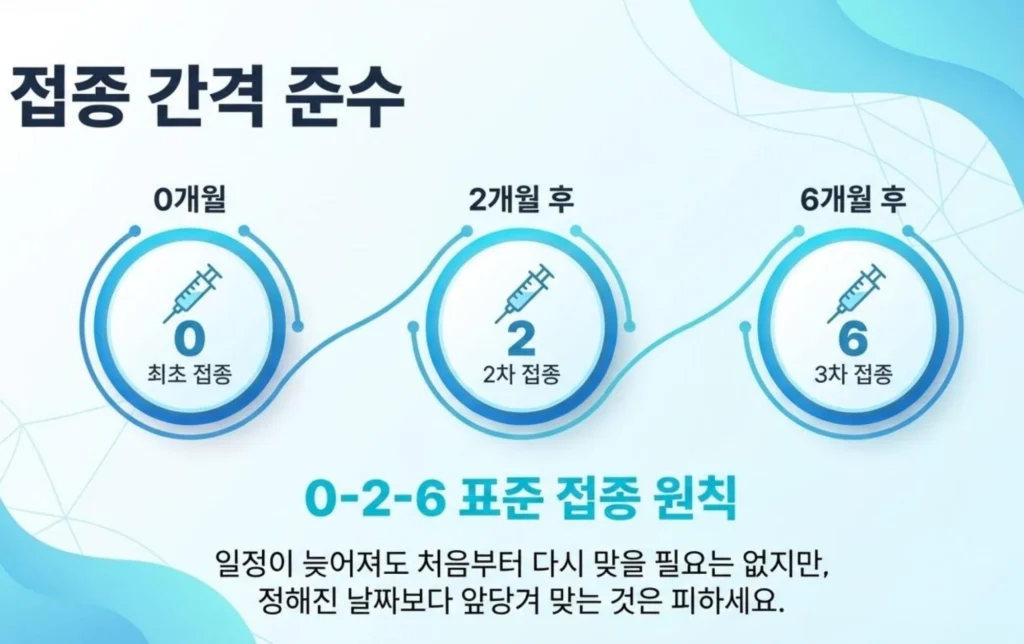 가다실 9가 표준 접종 일정인 0-2-6 원칙 안내. 최초 접종(0개월) 후 2개월 뒤 2차 접종, 6개월 뒤 3차 접종을 권장하며, 일정이 늦어져도 처음부터 다시 맞을 필요는 없지만 정해진 날짜보다 앞당겨 맞는 것은 피해야 한다는 주의사항 설명.