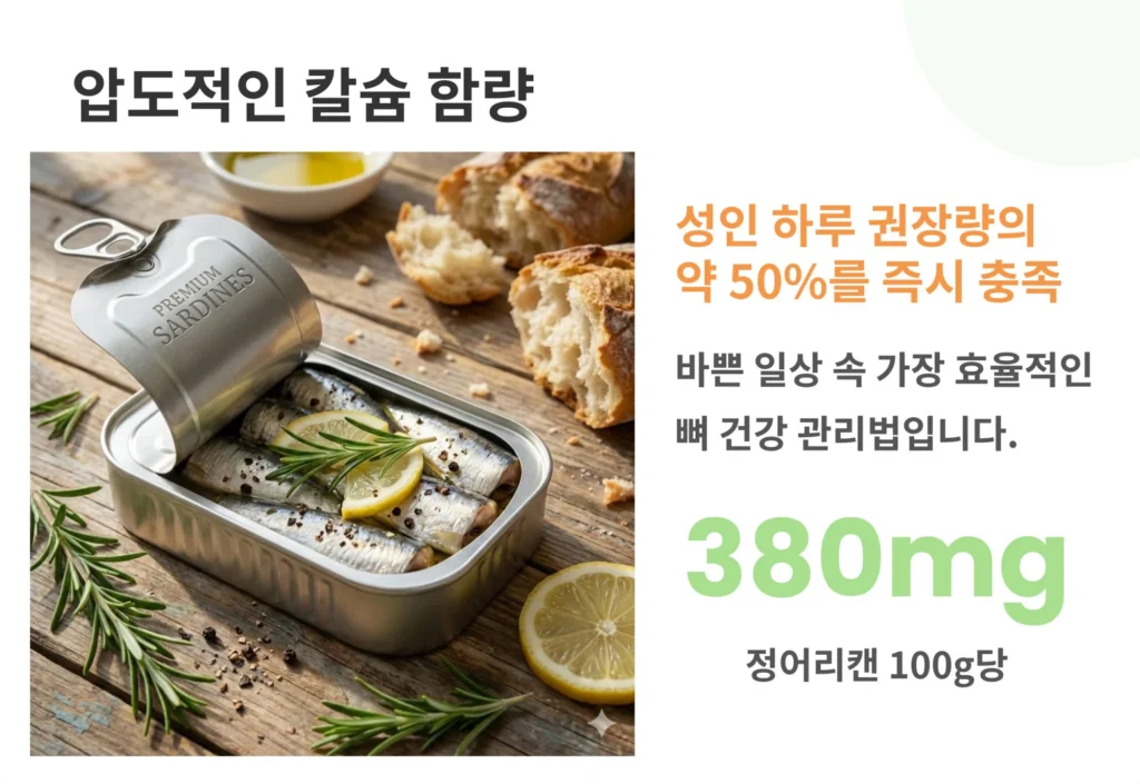 정어리캔 100g당 칼슘 380mg이 들어있음을 강조하는 이미지. 성인 하루 권장량의 약 50%를 즉시 충족할 수 있다는 설명과 함께 먹음직스러운 정어리캔 사진.