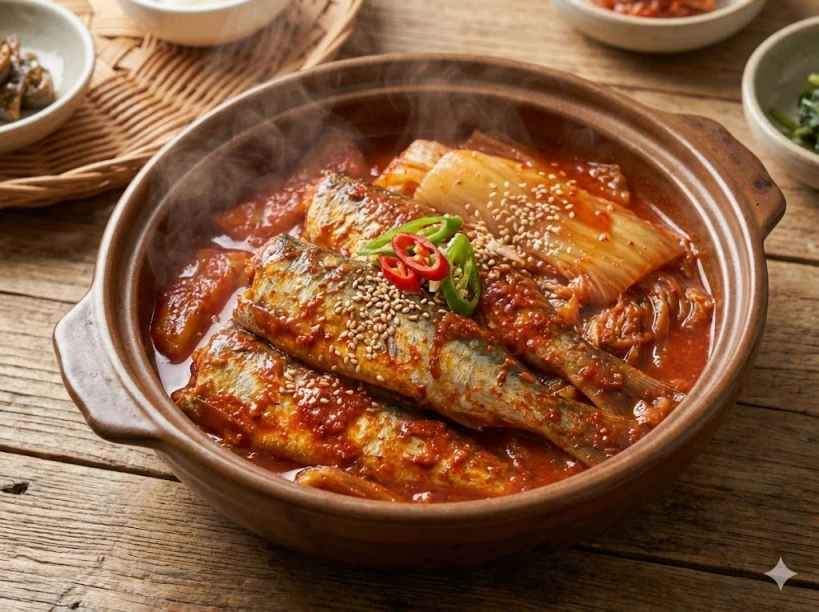 뚝배기에 담겨 김이 모락모락 나는 먹음직스러운 정어리 김치조림 사진. 잘 익은 김치와 정어리 위에 통깨와 송송 썬 고추가 고명으로 올라가 식욕을 자극하는 한국적인 요리 이미지.