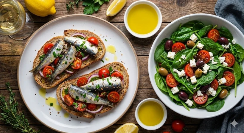 정어리캔을 활용한 서구식 요리 상차림. 호밀빵 위에 정어리와 방울토마토를 올린 오픈 샌드위치, 신선한 시금치와 치즈, 올리브가 어우러진 샐러드, 레몬과 화이트 와인이 함께 놓인 건강하고 세련된 식단 이미지.