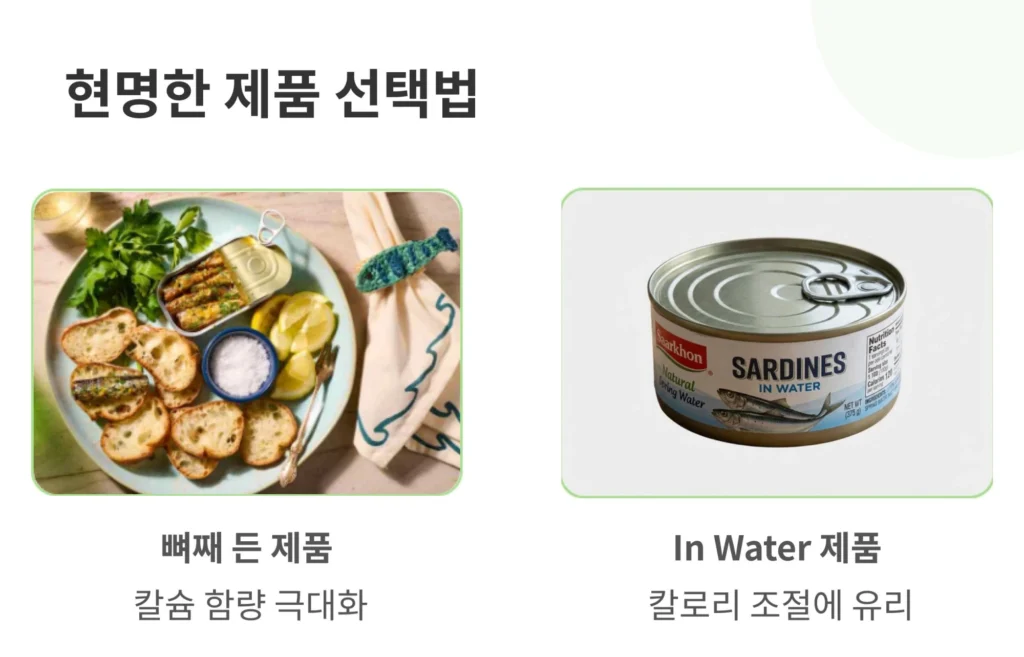 뼈째 든 제품을 선택해 칼슘 함량을 극대화하고, 칼로리 조절을 위해 'In Water(물 담금)' 제품을 선택하는 것이 현명하다는 제품 선택 가이드 이미지.