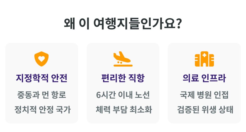아이와 함께 가기 좋은 해외 휴양지 선정 기준 인포그래픽: 지정학적 안전(정치적 안정), 편리한 직항(6시간 이내), 우수한 의료 인프라(국제 병원 및 위생 상태) 설명