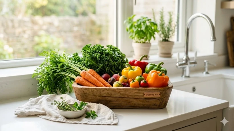 올바른 세척법으로 농약을 제거하여 안심하고 먹을 수 있는 신선한 채소들 