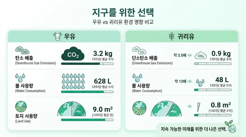 우유 생산 대비 환경 부담이 적은 귀리유의 탄소 배출 및 물 소비량 비교 인포그래픽. 