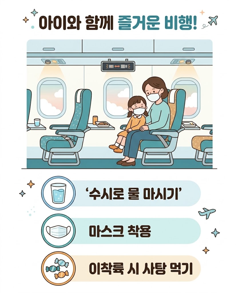 아이와 비행기 탈 때 기내 건강 관리 팁 일러스트 