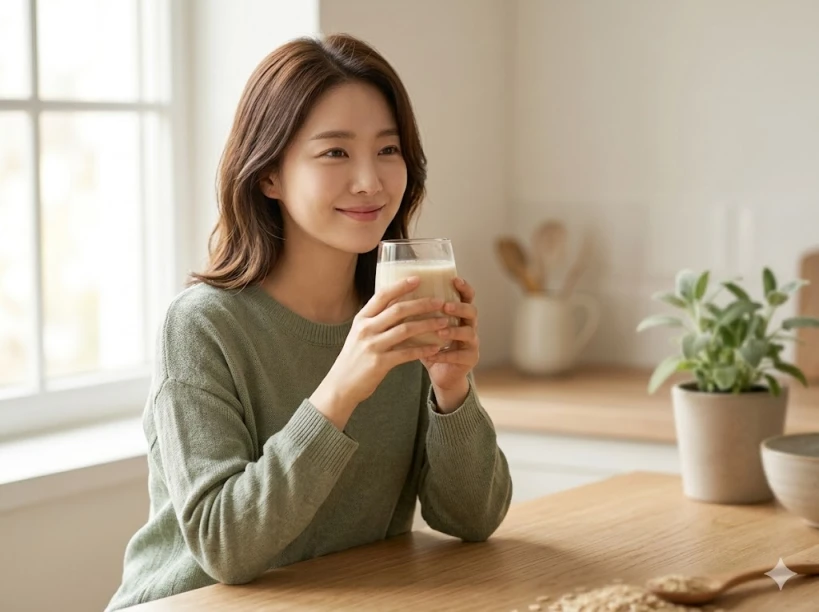 유당불내증 걱정 없이 귀리유를 마시며 편안함을 느끼는 한국인 여성의 실사 사진. 