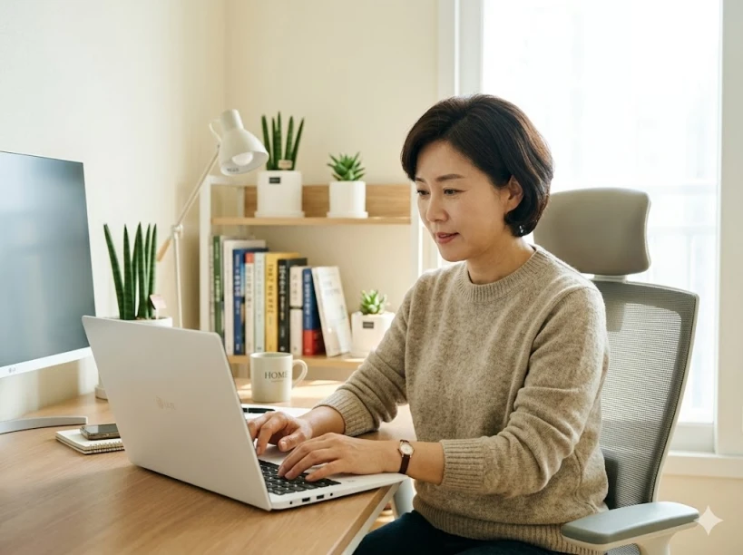 평생교육이용권 온라인 신청하는 중년 여성 