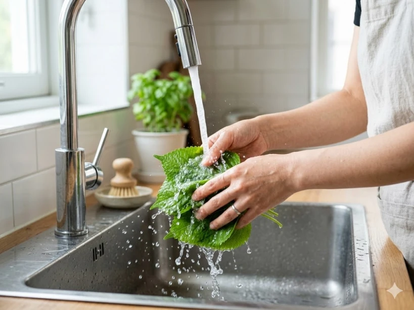 깻잎이나 상추 같은 잎채소를 한 장씩 낱개로 세척하는 법을 설명하는 일러스트 