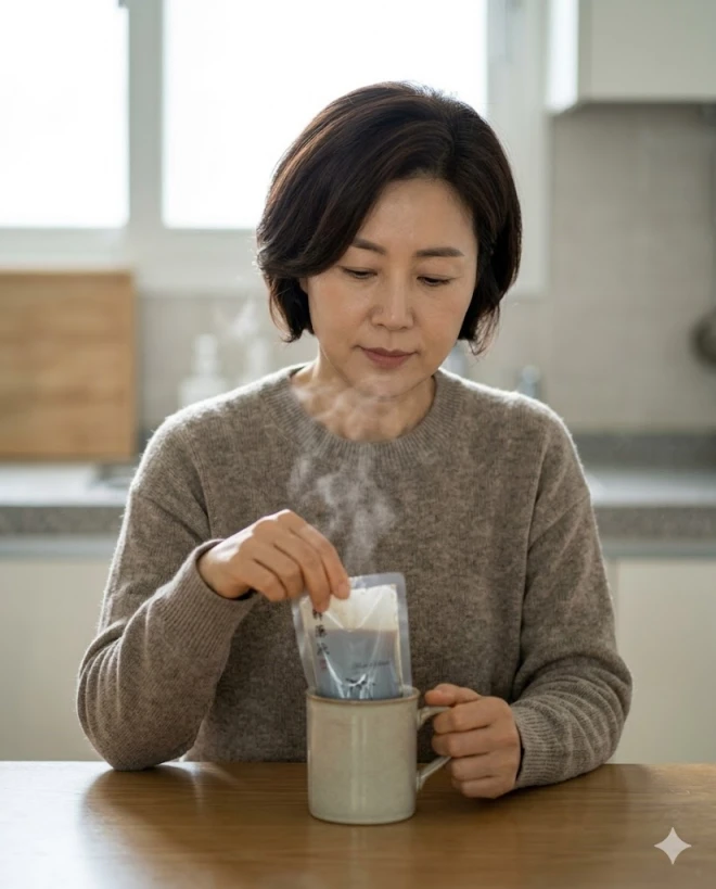 흑염소진액 따뜻하게 데워 복용하는 40대 한국 여성 