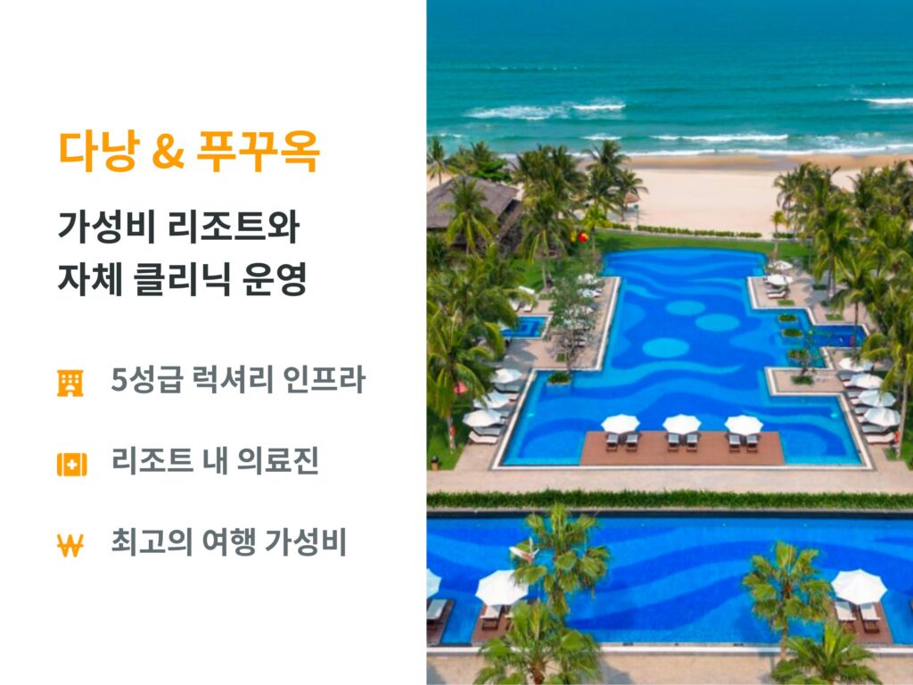 베트남 다낭 및 푸꾸옥 여행 특징: 5성급 럭셔리 인프라와 높은 가성비, 리조트 내 자체 클리닉 및 의료진 상주 시스템 설명과 리조트 수영장 전경