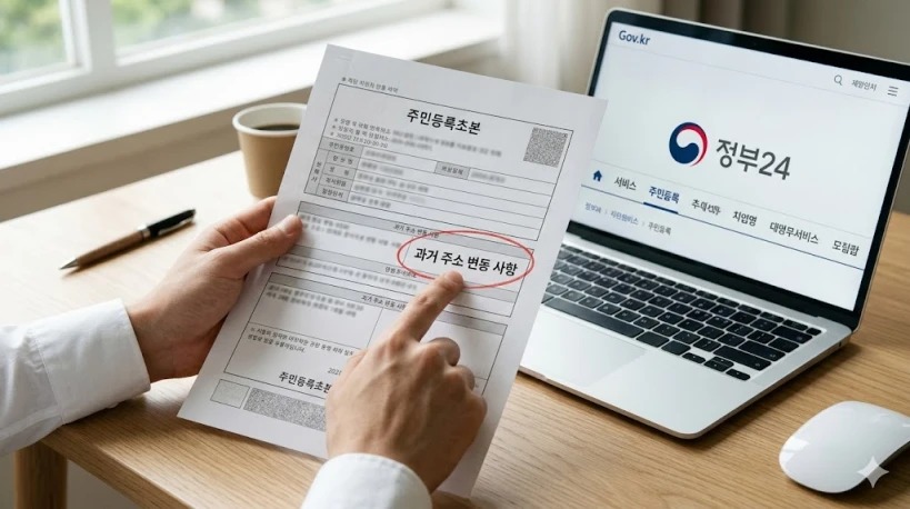 "정부24 홈페이지 배경과 함께 주민등록초본 발급 시 과거 주소 변동 사항을 포함해야 한다는 점을 강조하는 예시 사진"