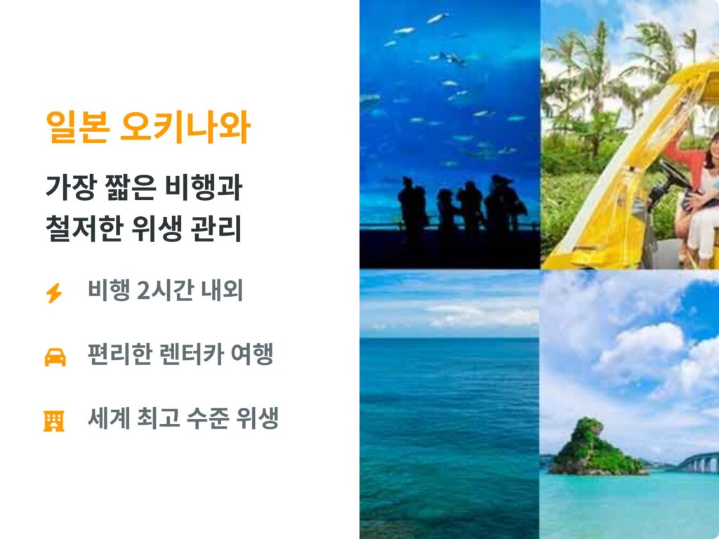 일본 오키나와 가족 여행 정보: 비행시간 2시간 내외의 짧은 거리, 편리한 렌터카 여행 환경, 세계 최고 수준의 위생 관리 강조와 오키나와 주요 명소 4분할 사진