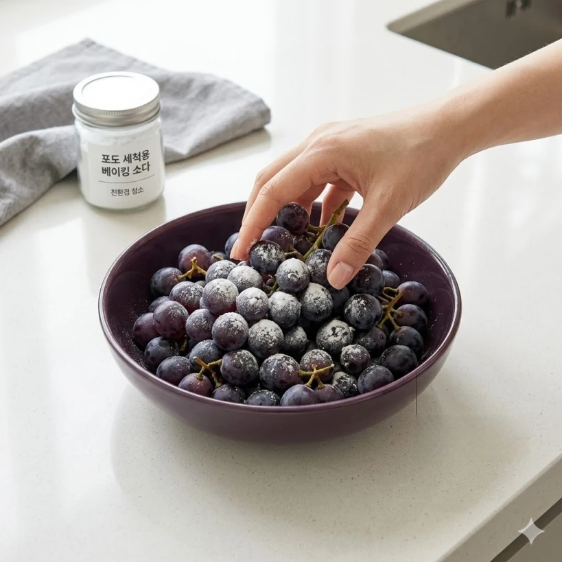 밀가루나 베이킹소다 가루를 활용해 포도의 이물질을 흡착 제거하는 과정 