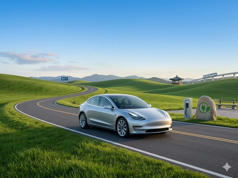 "용인시의 푸른 들판과 도로 위를 달리는 은색 전기차, 충전소 뒤로 보이는 용인시 전경과 정자 이미지"