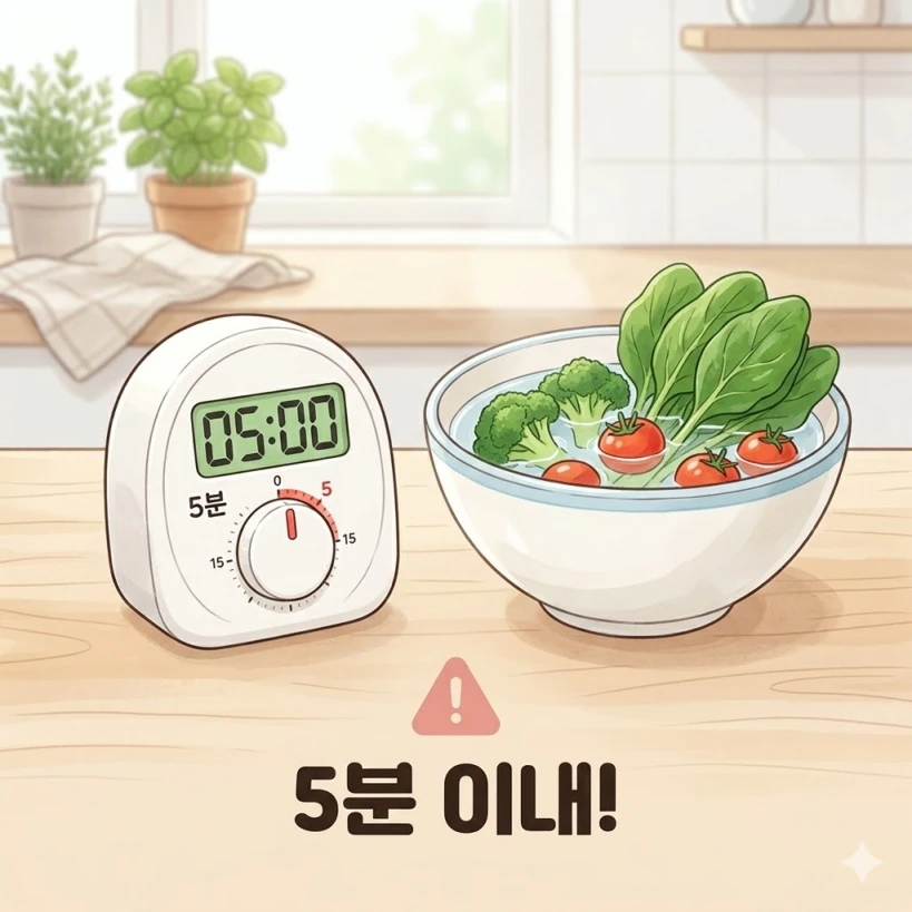 영양소 손실 방지를 위해 채소를 물에 담그는 시간을 5분 이내로 제한하라는 경고 이미지 
