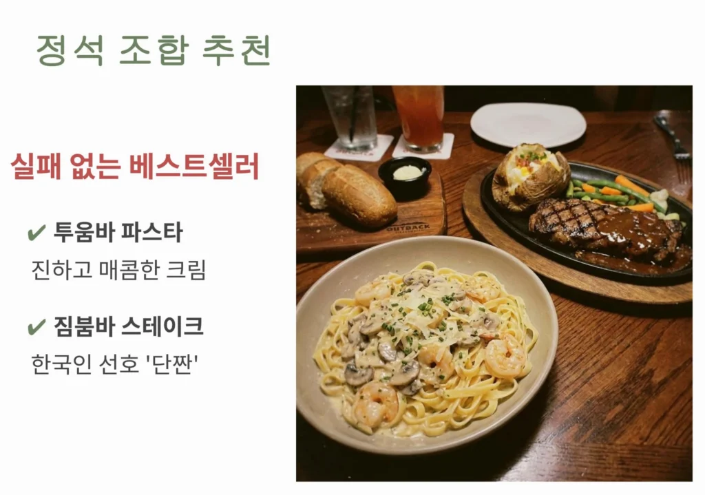 아웃백의 실패 없는 베스트셀러 조합 추천: 진한 크림의 투움바 파스타와 한국인이 선호하는 단짠 맛의 짐붐바 스테이크