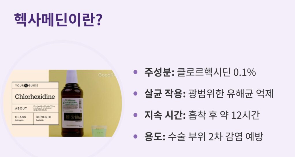 헥사메딘(클로르헥시딘 0.1%)의 특징 및 용도. 광범위한 살균 작용, 약 12시간의 지속 시간, 치과 수술 부위의 2차 감염 예방을 위한 일반의약품 가글액 정보.
