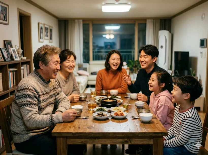 따뜻한 조명 아래 식탁에 둘러앉아 자녀, 손주들과 함께 웃으며 즐거운 대화를 나누는 60대 아버지와 가족들의 모습