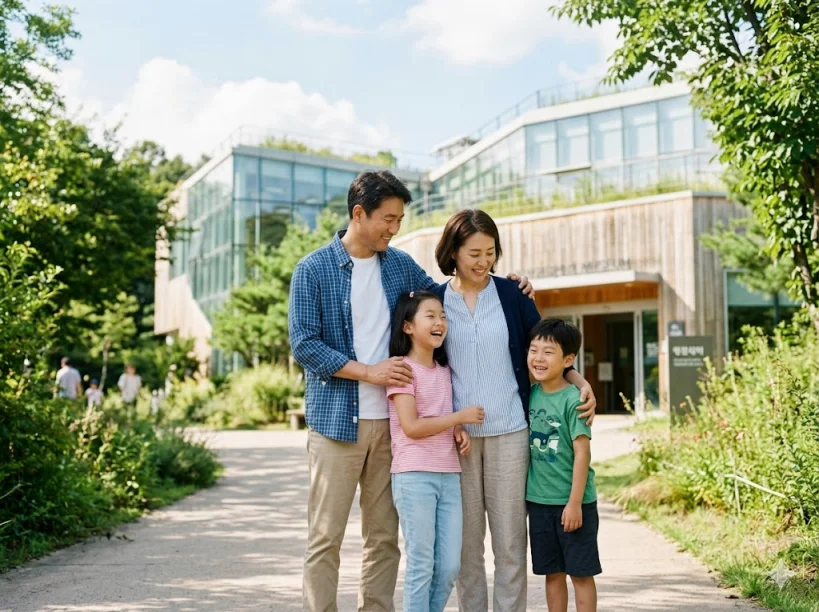 푸른 나무와 국립생태원 건물을 배경으로 환하게 웃으며 서 있는 한국인 가족(부모와 두 자녀)의 화목한 기념사진