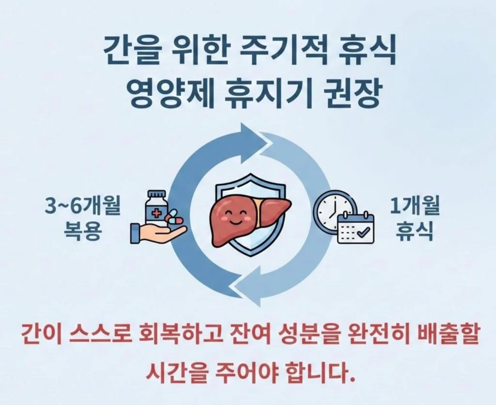 간 건강을 위한 영양제 휴지기 권장 안내 인포그래픽 (3~6개월 복용 후 1개월 휴식 순환도)