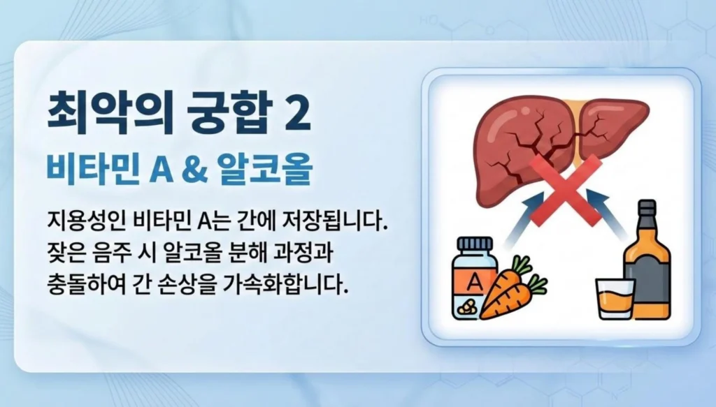 비타민 A와 알코올 섭취 시 간 손상 가속화 경고 일러스트