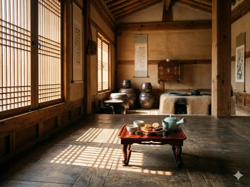 경복궁 소주방 생과방 내부의 고즈넉한 풍경과 다과상