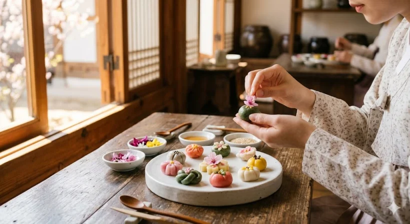 경복궁 생과방에서 궁중 다과를 정성스럽게 만드는 체험 모습