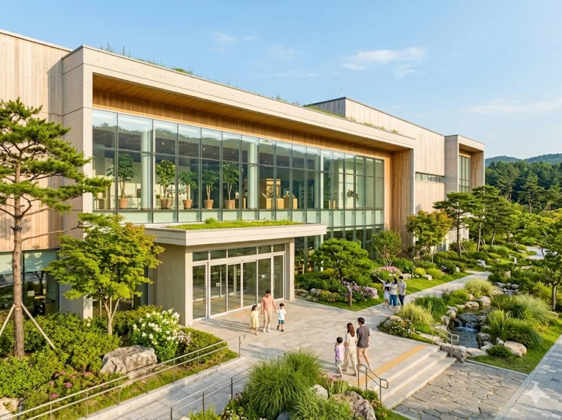 푸른 하늘 아래 세련된 목조와 통유리로 디자인된 국립생태원 에코리움 건물의 외관 전경과 입구로 들어가는 관람객들의 모습