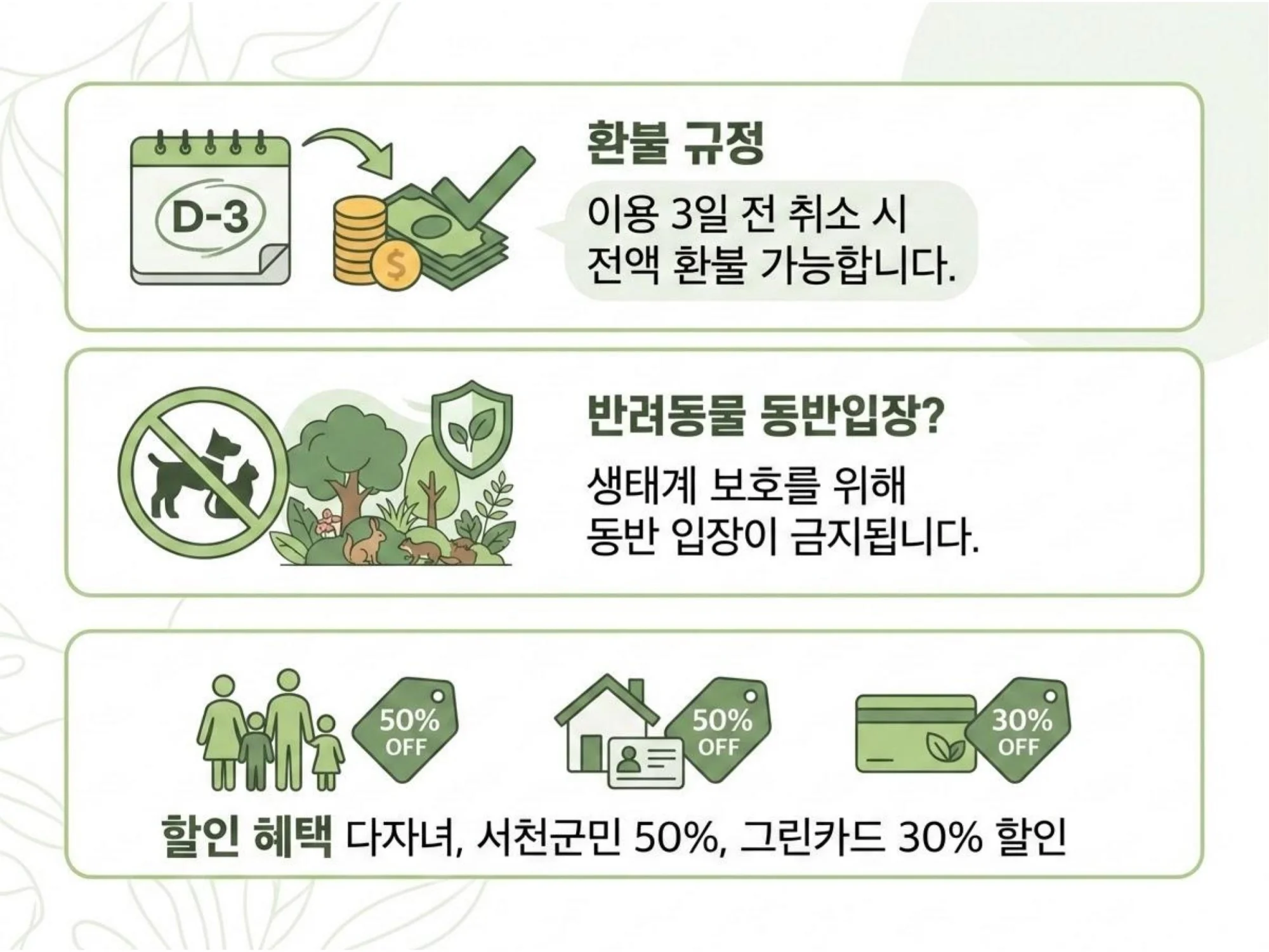 이용 3일 전 취소 시 전액 환불 규정, 반려동물 동반 입장 금지 안내 및 다자녀·서천군민·그린카드 할인 혜택 등 주요 Q&A 정리