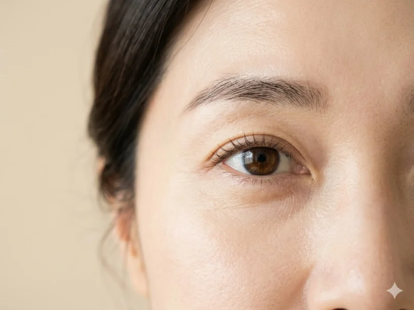 비립종과 한관종 제거 시술 후 매끄럽고 깨끗해진 건강한 눈가 피부 근접 사진