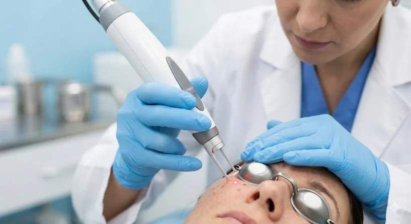 피부과에서 전문 의료 기기를 사용하여 눈가 돌기를 정밀하게 제거하는 레이저 시술 장면