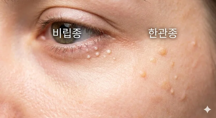 눈가 비립종과 한관종의 육안상 차이를 보여주는 실제 사례 비교 사진