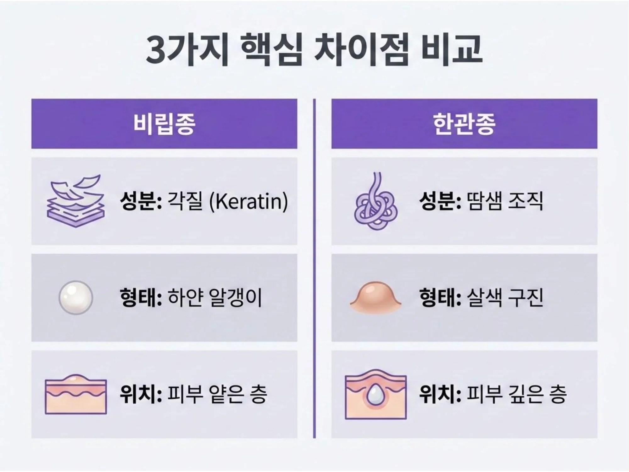 성분, 형태, 위치에 따른 비립종과 한관종의 상세 특징 비교 도표