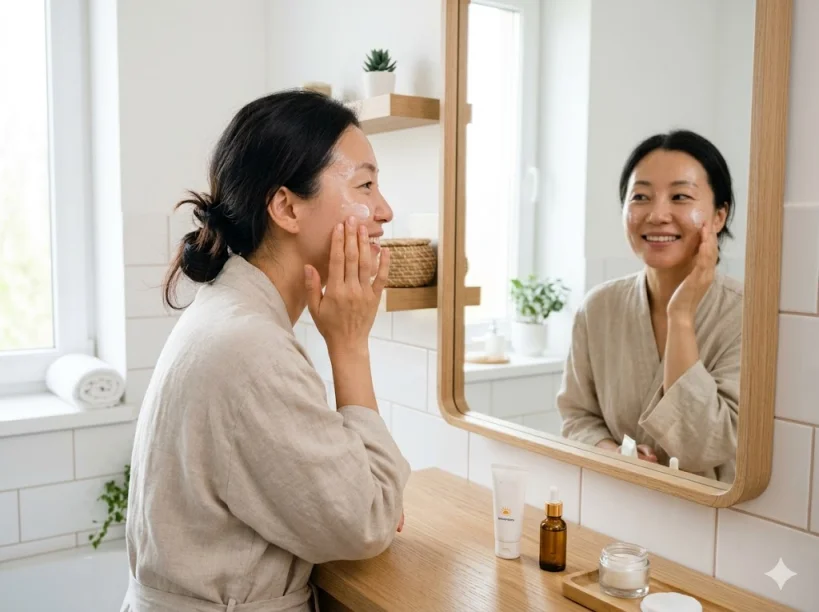 거울을 보며 눈가에 자외선 차단제를 꼼꼼히 바르는 모습과 색소 침착 예방을 위한 스킨케어