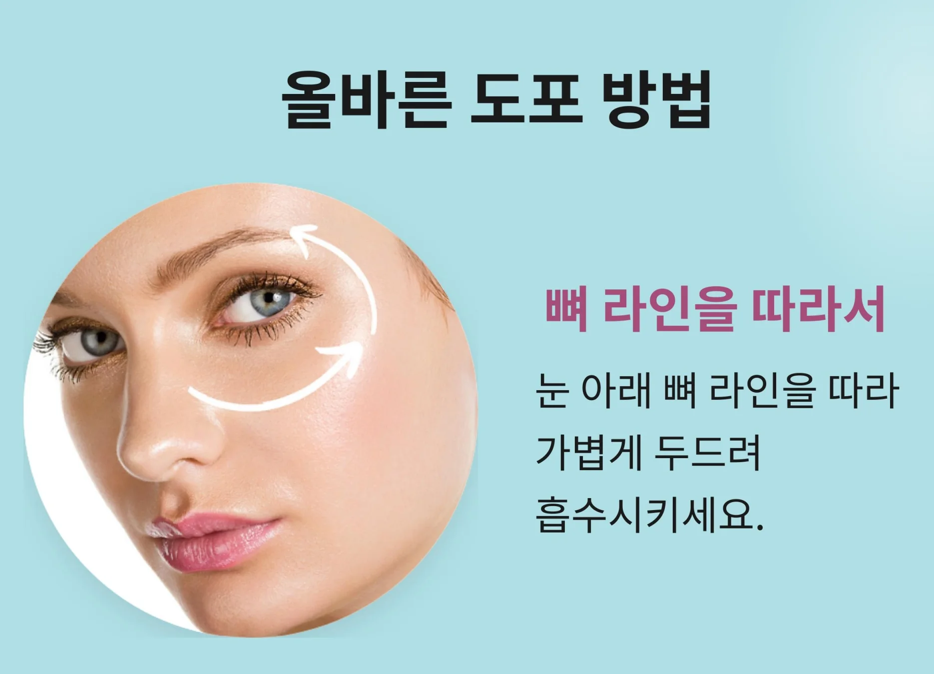 "아이크림 바르는 법: 눈 아래 뼈 라인을 따라 가볍게 두드려 흡수시키는 방향을 화살표로 표시한 여성의 얼굴 이미지"