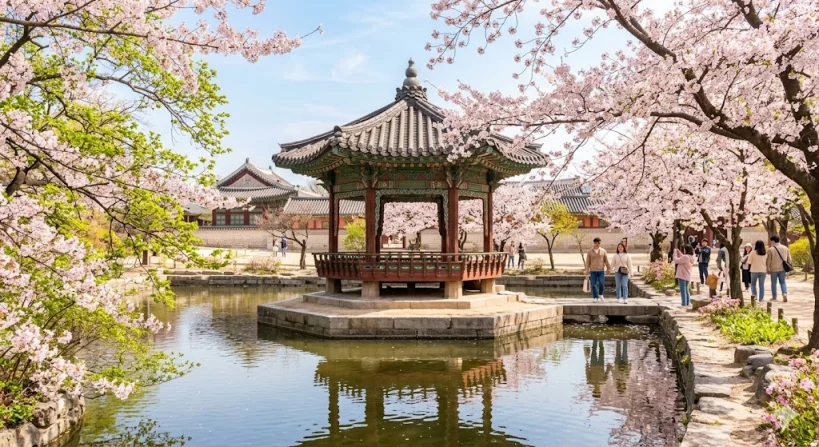 벚꽃이 만개한 경복궁 향원정 인근의 화사하고 평화로운 봄 풍경