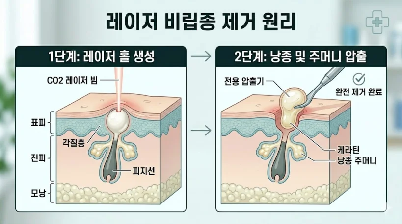 레이저 비립종 제거 원리 2단계 요약: 1단계 CO2 레이저 홀 생성 및 2단계 전용 압출기를 이용한 케라틴 낭종 주머니 완전 추출 과정 단면도