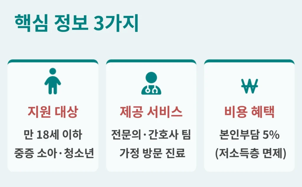 분당서울대병원 중증 소아 재택의료 서비스 핵심 정보 3가지 - 지원 대상(만 18세 이하), 제공 서비스(전문 의료진 방문), 비용 혜택 안내