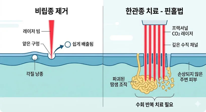 비립종 추출을 위한 레이저 빔 방식과 한관종 치료를 위한 핀홀법 수직 채널 원리 비교