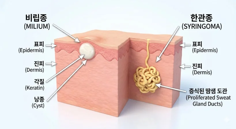 각질로 가득 찬 비립종 낭종과 증식된 땀샘 도관 모양의 한관종 구조 의학 일러스트