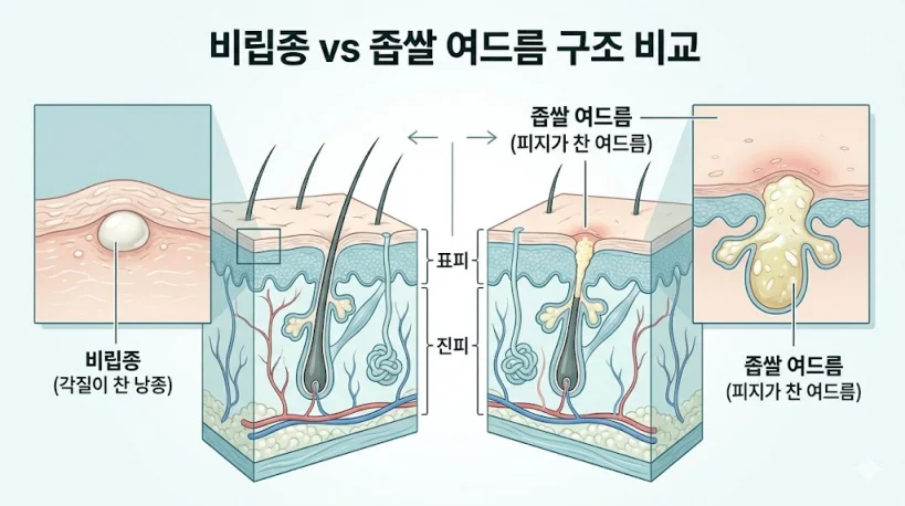 비립종과 좁쌀 여드름의 피부 단면 구조 비교도: 각질이 찬 비립종 낭종과 피지가 찬 좁쌀 여드름의 차이 시각 자료