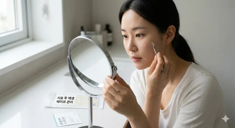 비립종 시술 후 재생 테이프(듀오덤) 관리 모습: 거울을 보며 시술 부위에 재생 테이프를 꼼꼼하게 부착하는 올바른 사후 관리 예시